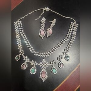 Elegant Indian Light Pink And Green Rhinestone Choker Necklace And Earring Set